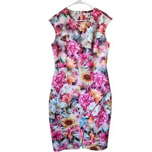 New York & Co Dress Womens Size Medium Floral Scuba Sheath Sleeveless Pink